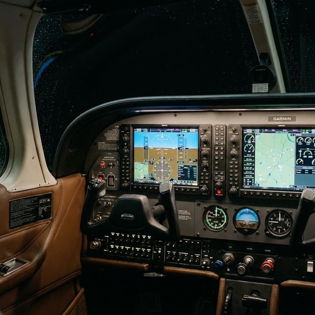 Cockpit with glass flight displays lit at night